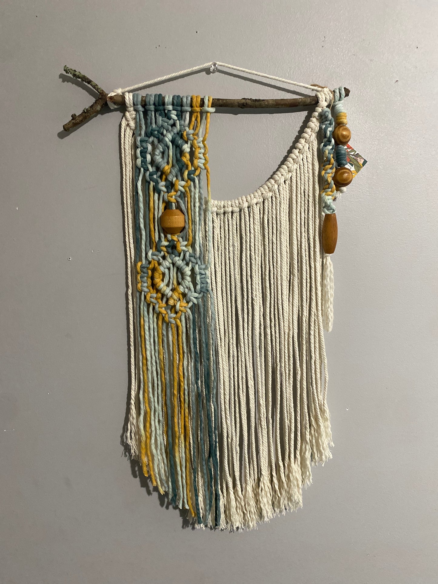 Nightsand. 14 1/2” x 24” Turkish cotton(variegated) and cotton cord. Vintage beads.